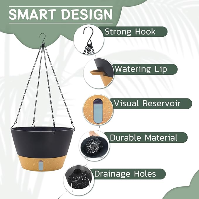 ZMTECH 2 Pack 12 Inch Hanging Planters for Indoor Plants, Large Gray Self Watering Hanging Planter with Water Level Window, Drainage & Adjustable Chain, Outdoor Flower Pots for Patio