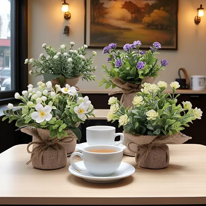 Artificial Plant Decorations mini Greenery Fake Plants Indoor Outdoor Cute Small Faux Eucalyptus House Home Living Room Bathroom Table Desk Office Hotel Spring Decor 4 Kinds of Flowers