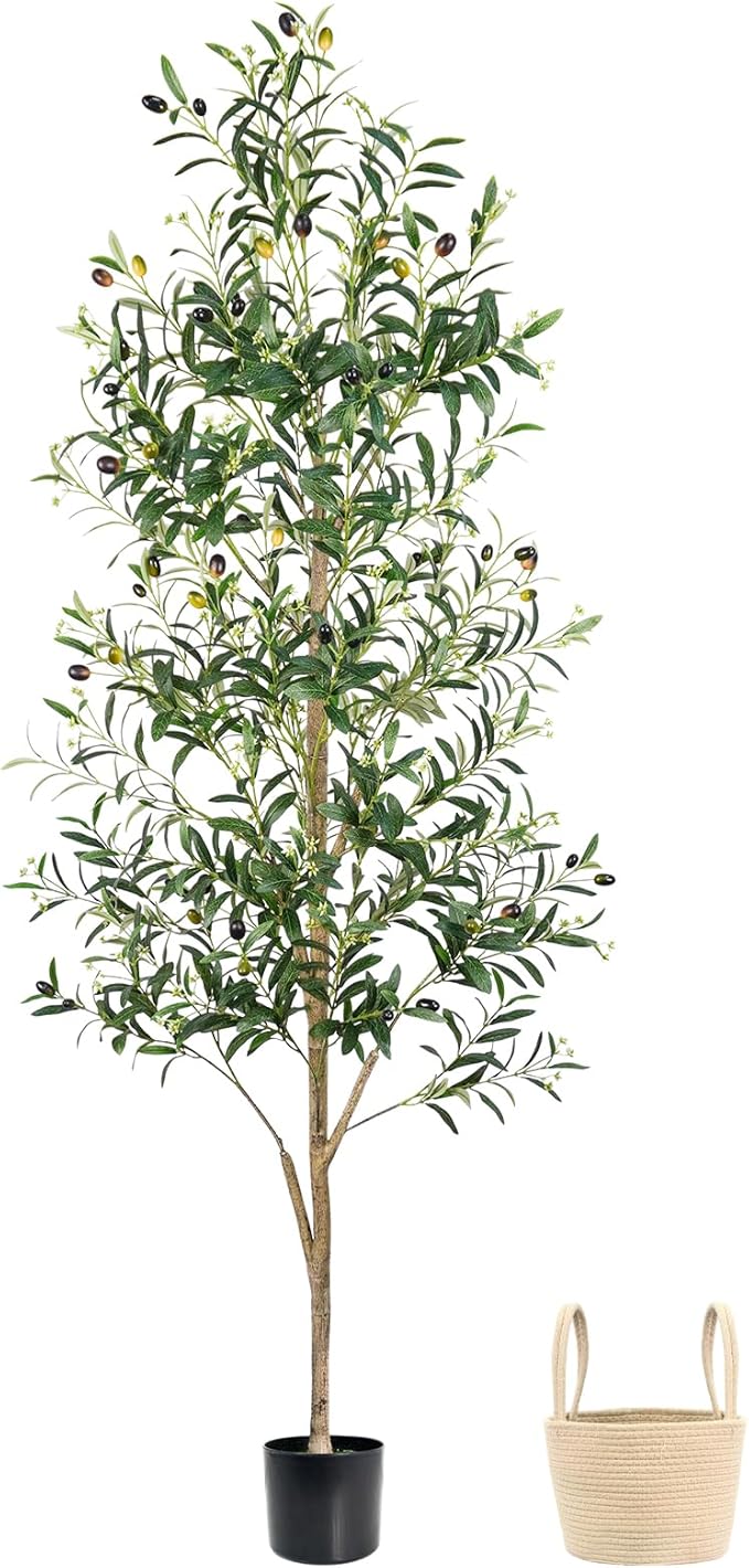 Caxchiling Faux Olive Tree 6FT, Artificial Potted Tree with Planter, Silk Plants Indoor Outdoor, Lifelike Olive Plants with Natural Wood Trunk, Fruits and Buds, Home Office Decor, 1 Pack