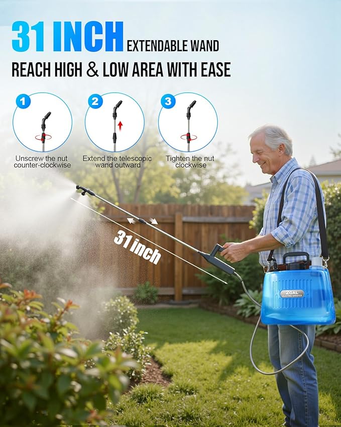 Battery Powered Sprayer 2 Gallon, Electric Weed Sprayer with 3 Adjustable Pressure Levels, 4 Nozzles & Extendable Wand, Rechargeable Garden Sprayer for Yard, Lawn, Plants & Fertilizer