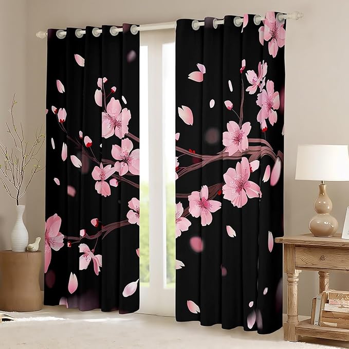 Feelyou Cherry Blossoms Blackout Curtain Japanese Style Curtains for Kids Boys Girls Blossom Floral Window Drapes Botanical Floral Window Treatments 52W X 84L,2 Panels