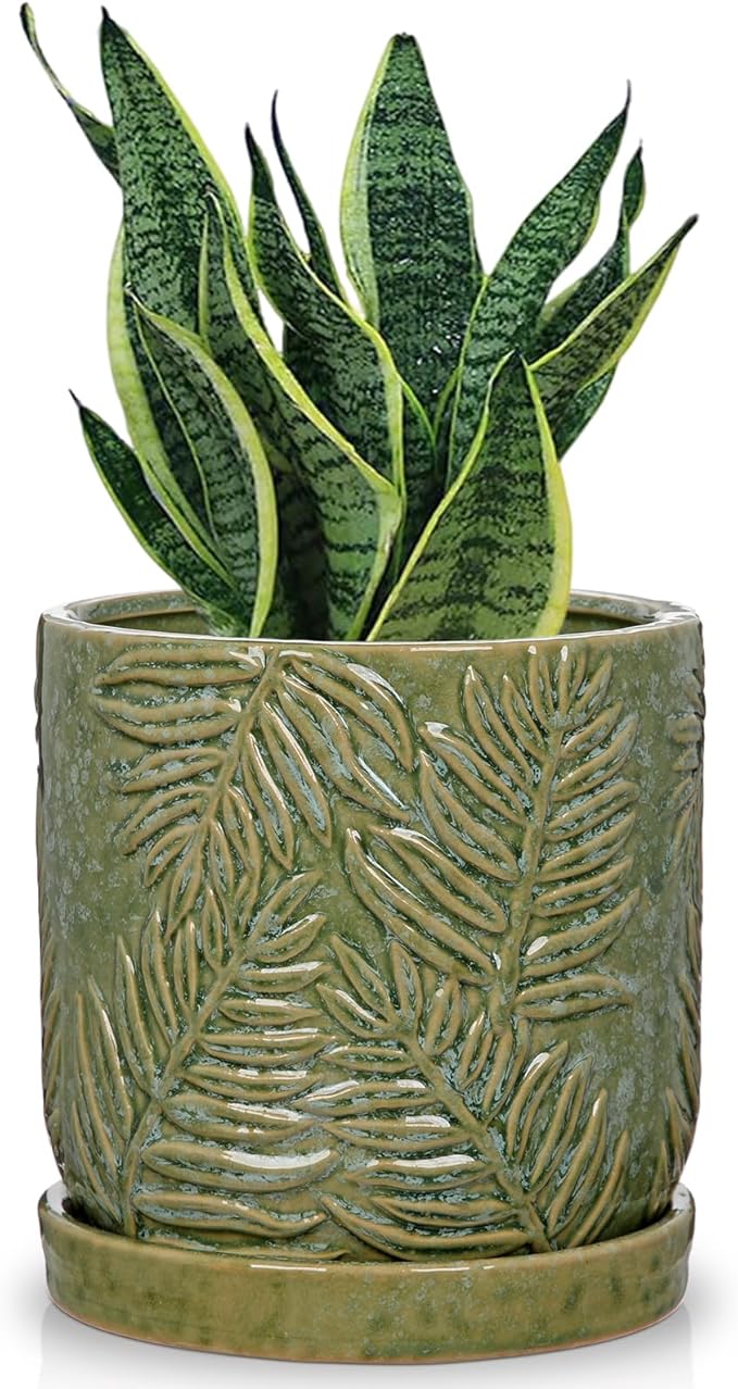 GnFlus 5.5 Inch Ceramic Planter Pots with Drainage Holes, Saucers for Indoor-Outdoor Plants, Succulent Orchid Flower Large Round Plant Pot Green