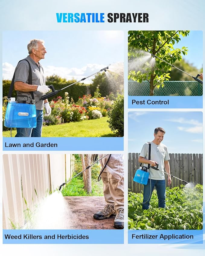 Battery Powered Sprayer 2 Gallon, Electric Weed Sprayer with 3 Adjustable Pressure Levels, 4 Nozzles & Extendable Wand, Rechargeable Garden Sprayer for Yard, Lawn, Plants & Fertilizer
