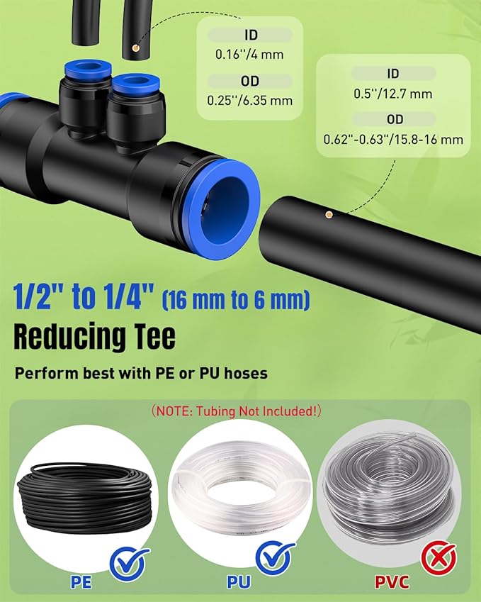 Pawfly 12 Pcs Quick Connect 1/2" to 1/4" Drip Irrigation Fittings for 1/2" Tubing (0.62-0.63" OD), Push-to-Fit 4-Way Reducing Tees Reducer Tee Connectors, Anti-Leak Drip Irrigation Tee Fittings