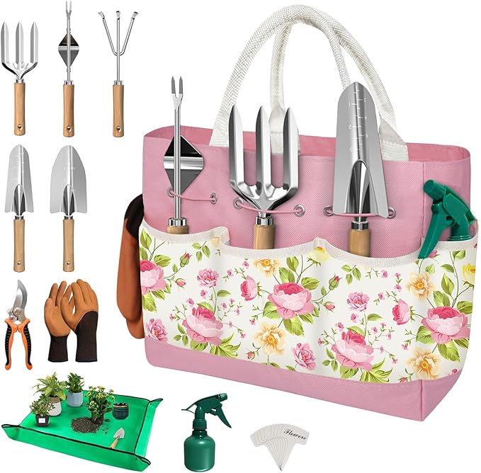 22PCS Garden Tools Set for Women, for Mom Beginner,Heavy Duty Hand Tool Kit Gardening Supplies Included Handy Tote Bag/Trowel/Repotting Mat/Rake/Pruner/Gloves/Plant Tags -Pink