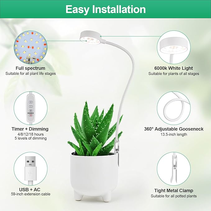 Grow Light, Pot Clip LED Growing Lamp for Indoor Succulents Pot Mini Small Plants,6000K White Full Spectrum with 5-Level Dimmable, Auto Timer 4/8/12/18 Hrs