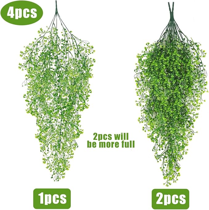 RECUTMS Pack of 4 Ferns Artificial Plants Large Artificial Hanging Plants Faux Ivy Vine Fake Greenery Wall Plants with LED Lights for Room Garden Patio Porch Bathroom Kitchen Decor (Green)