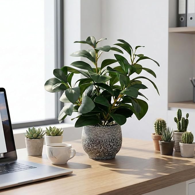 SHOHAYTO Artificial Plants for Home Decor - 13.2 Inch Fake Ficus Tree in Cement Planter, Real Looking Potted Faux Plants for Office Desk, Kitchen Shelf, Bookshelf & Indoor Decor