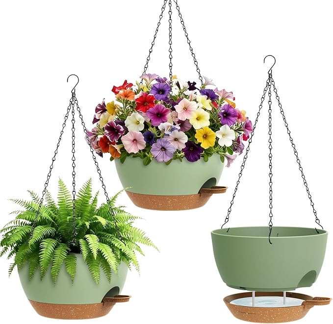 UOUZ Set of 3-10 Inch Self Watering Hanging Planters for Indoor & Outdoor，Hanging Plant Pots with Drainage & Removable Tray, Hanging Pots Holder for Ivy, Ferns, Balcony & Patio, Green and Brown
