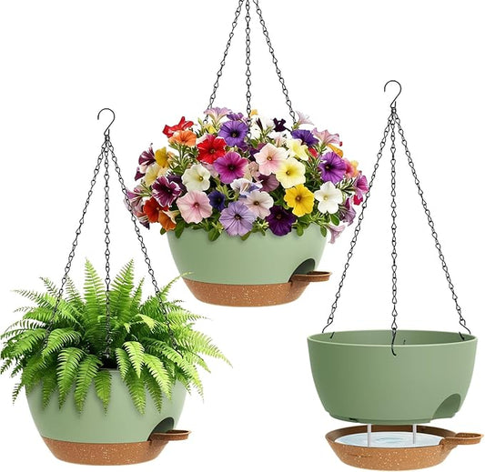 UOUZ Set of 3-10 Inch Self Watering Hanging Planters for Indoor & Outdoor，Hanging Plant Pots with Drainage & Removable Tray, Hanging Pots Holder for Ivy, Ferns, Balcony & Patio, Green and Brown