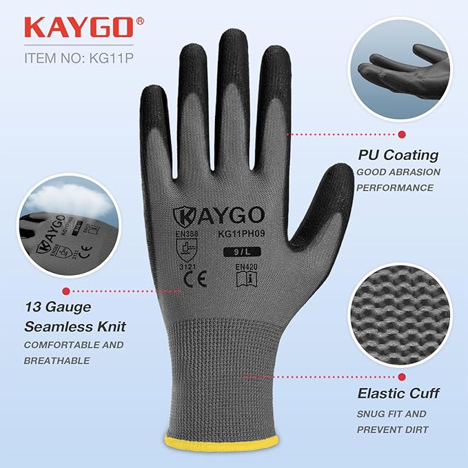 KAYGO Work Gloves for Men and Women,12 Pairs Seamless Knit PU Coated Safety Gloves, with Smooth Grip on Palm and Fingers, Ideal for Light Warehouse, Manufacturing, Gardening, KG11P (L,Gray)