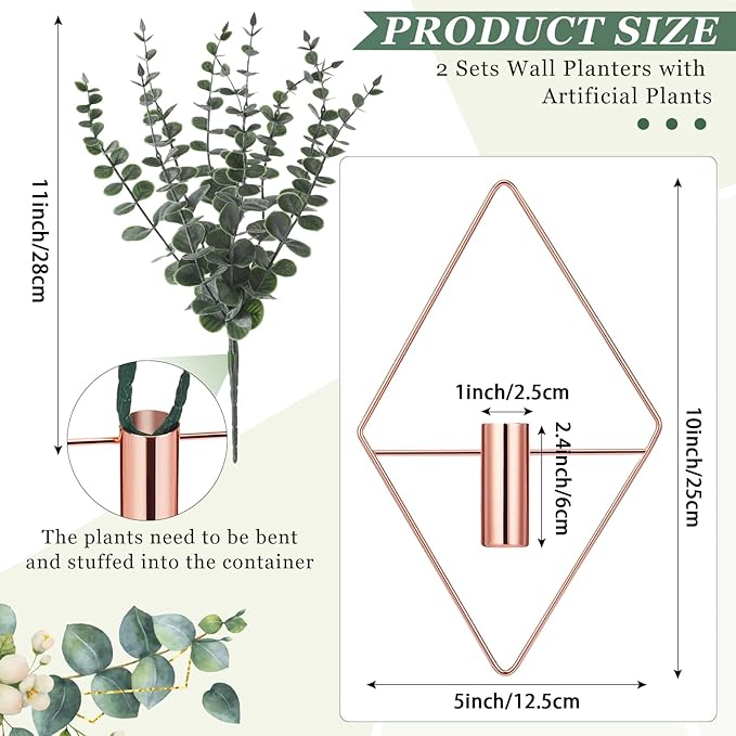 Jexine 4 Pcs Hanging Planters with Artificial Eucalyptus Metal Hanging Vase Indoor Plants Holder Modern Geometric Boho Bathroom Wall Decor for Living Room Home Office (Eucalyptus,Rose Gold)