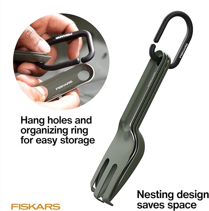 Fiskars 3-Piece Plant Cultivating Tool Set, Nesting Trowel, Soil Scoop & Cultivator for Indoor Gardening, Stainless Steel with Green Powder Coat Finish, Space Saving Design for Repotting Houseplants