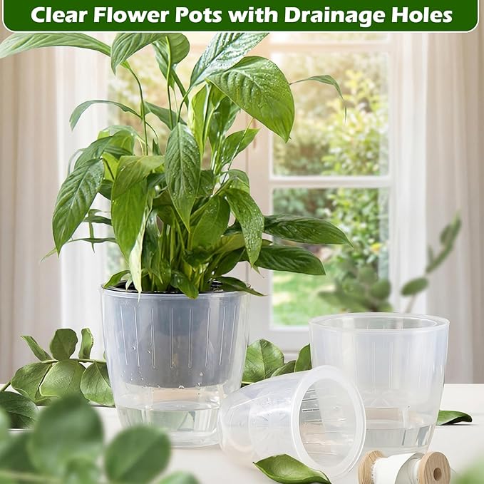 9 Pcs 3 Each of 5'', 6.5'', 7'' Clear Self Watering Plant Pots, Transparent African Violet Pots with Drainage Holes Plastic Wick Flower Planters for Indoor Flowers, Spider Plant, Orchid Pot