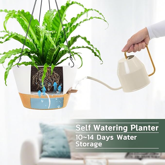 ZMTECH 2 Pack 12 Inch Hanging Planters for Indoor Plants, Large White Self Watering Hanging Planter with Visible Water Level & Removable Tray, Decorative Flower Pots for Outdoor Garden