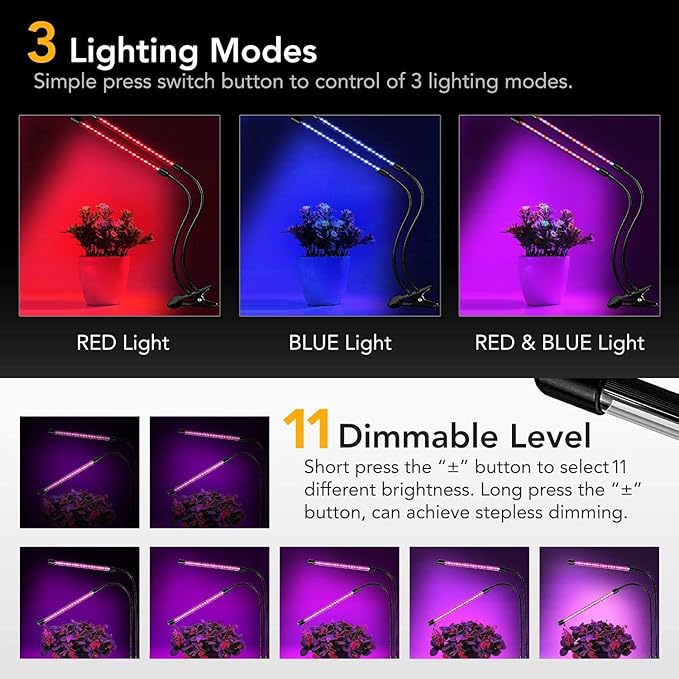 iPower Red&Blue Spectrum LED Grow Light with Adjustable Gooseneck, Auto ON/Off 3/9/12H Timing, 11 Dimmable Levels for Indoor Plant
