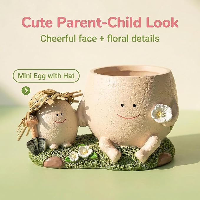TEARS OF GAIA Lovely Face Planter Pot, Cute Resin Flower Head Planters with Drainage, for Mom, Funny Succulent Plant Lover Gift, Unique Gift Ideal for Plant Lovers (Parent-Child Time)