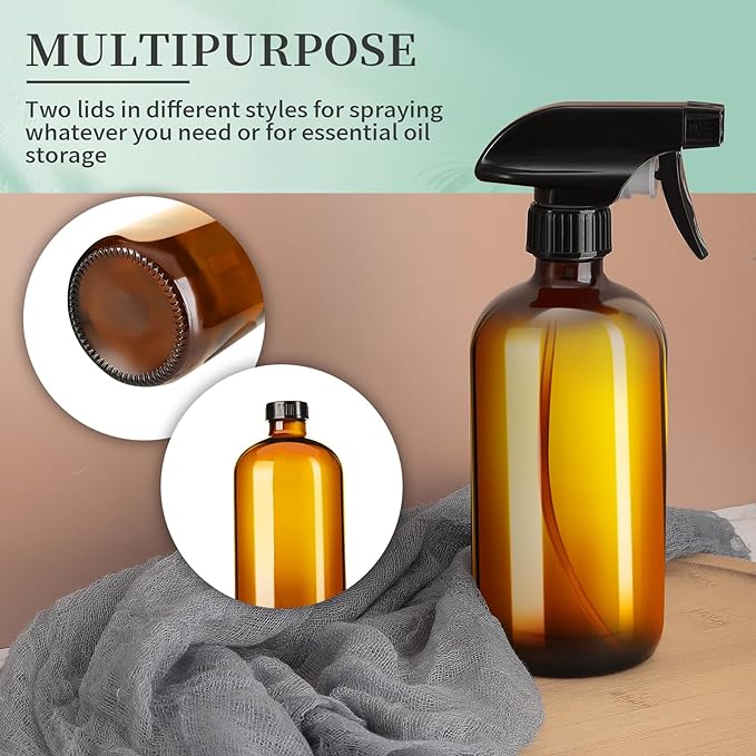 GIVAMEIHF 16oz Amber Glass Spray Bottles,2 Pack Glass Spray Bottles Refillable Empty Bottle with Adjustable Nozzle,Spray Bottle for Essential Oils,Cleaning,Pets,Hair Mister