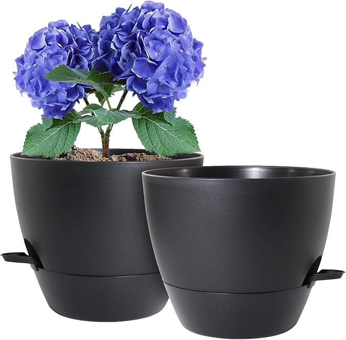 WSMKSZ 10 inch Self Watering Pots, 2 Pack Plastic Planters with Mesh Drainage Holes for Garden Plants and Flower, Plants Pots with Deep Reservoir for Indoor Outdoor Plants, Black