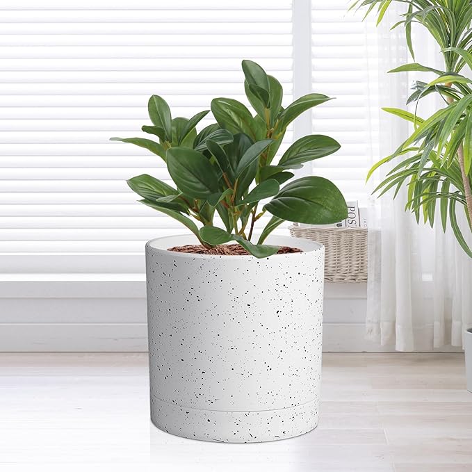 Meowell 7/6.5/6/5/4 inch Plant Pots, 5 Pack Cylinder Flower Pots for Small Indoor Outdoor Plants, Plastic Planters with Drainage Holes and Saucers for Garden Succulent House Plants, Speckled White