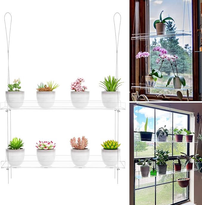 OtNiap 2-Tier Clear Hanging Window Plant Shelves 16inch,Indoor Windows Wall Hanging Plant Stand Flower Display,Flower Pot Organizer Storage for Window Grow Herbs,Microgreens,Succulents,Flower