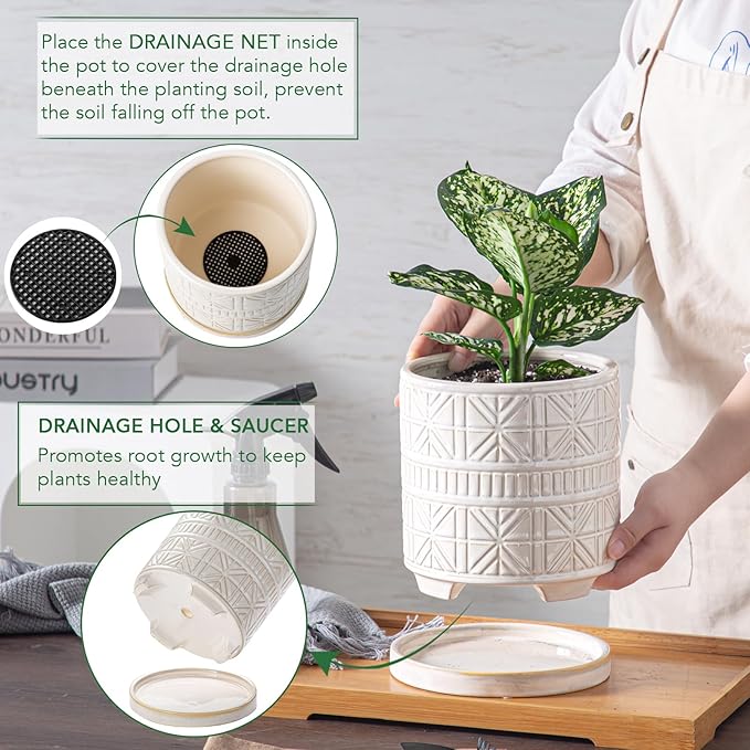 Ceramic Plant Pots Indoor-Outdoor: 6 Inch Embossed Planters with Drainage Hole & Saucer - Modern Decorative Flower Pots for Home Garden Patio Office Decor