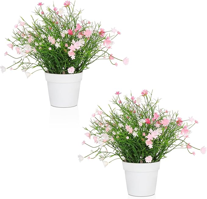 Artificial Babys Breath Potted Fake Plants with Flowers Faux Plants Indoor for Home Office Bookshelf Table Room Decor, Pink (Pack of 2)