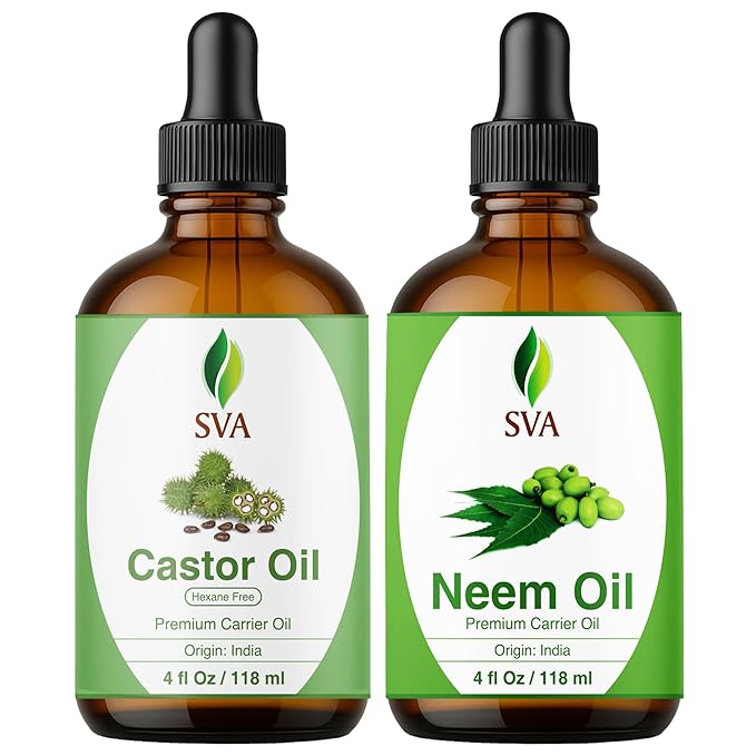 SVA Neem Oil 4 oz and Castor Oil 4 oz Bundle Super Saver Combo – Premium Grade Value Set for Hair Oiling, Scalp Massage, Hair Care, Skin Care and Body Massage