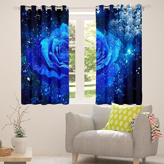 Feelyou Galaxy Blue Rose Window Drapes Romantic Rose Floral Curtains for Women Girls Valentine's Day Blackout Curtain Modern Luxury Window Treatments 42W X 84L,2 Panels