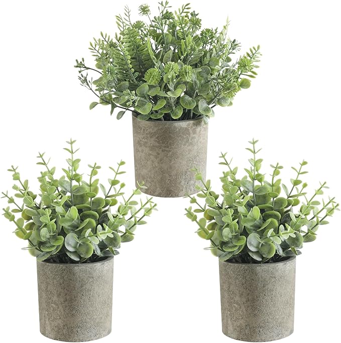 3 Pack Mini Potted Fake Plants Artificial Plastic Indoor Eucalyptus Plants for Home, Office, Desk, Bathroom, Coffee Table & Shelf (Light Green)