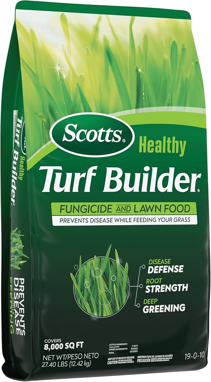 Scotts® Healthy Turf Builder® Fungicide and Lawn Food, 2-in-1 Fungicide and Fertilizer, Prevents Disease While Feeding Grass, Controls 27 Diseases - Powdery Mildew, Red Thread, Brown Patch, 27.4 lbs.