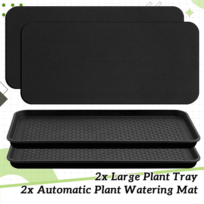 Vesici 2 Set/4 Pcs Large Self-Watering Plant Trays (30"x15") and 3mm Capillary Mat-Automatic Watering System for Indoor/Outdoor Plants, Durable Plastic Seedling Trays for Potted Plant, Garden