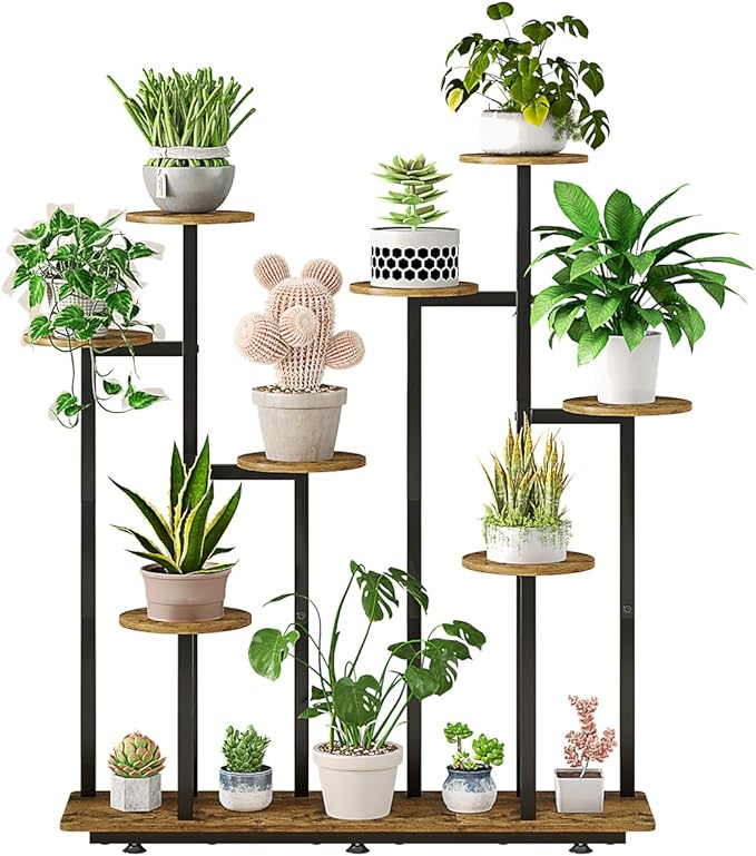 INGIORDAR Plant Stand Indoor Outdoor Corner Flower Stands Multiple Flower Pot Holder for Patio Garden Balcony Living Room 9 Tier Black+Rustic Brown