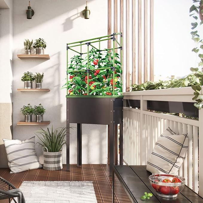 BioGreen Raised Garden Bed with Trellis Heidelberg | 11 gal | 1“L x 2.3“W x 7.6“H | Self-Watering Metal Planter Box | Ideal Growth for Climbing Plants