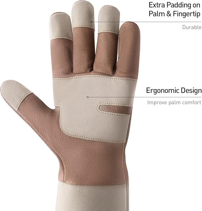 HANDLANDY Long Gardening Gloves for Men & Women, Thorn Proof Rose Pruning Gloves Leather Gauntlets Garden Glove Yard Work Glove (Warm Brown, Large)
