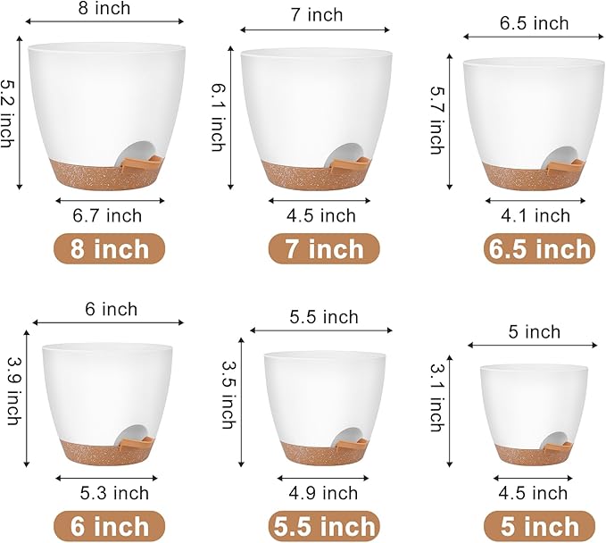 QRRICA Plant Pots 8/7/6.5/6/5.5/5 Inch Self Watering Pots, Set of 6 Plastic Planters with Drainage Holes and Saucers,Plastic Flower Pots,Nursery Planting Pot for Indoor Out Door Plants（White）