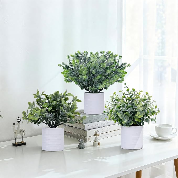 FGSAEOR Mini Potted Fake Plants, Small Artificial Greenery Plants Topiaries, Low Maintenance, Shelf Desk Room Table Office Home Decor (3-Pack) (White Pot - Grey)