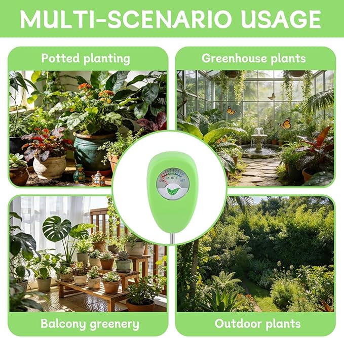 Soil Moisture Meter with Bonus 25 pH Test Strips, 6.5 Inch Probe Plant Water Gauge, Indoor Outdoor Garden, No Battery Required