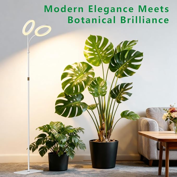 Dual Head Grow Light for Indoor Plants,Full Spectrum Halo Plant Lights with Stand, Floor Standing Growing Lamp with Adjustable Height,Auto Timer,Dimmable Brightness for Tall Large Plant（White