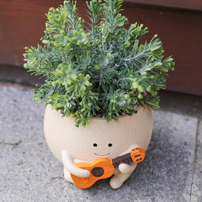 Planter Pot with Drainage Hole Cute Resin Head Planters for String of Pearls Plant Live Unique Guitar Succulent Pots for Indoor Outdoor Plants Gift IdeaI for Christmas (Large)