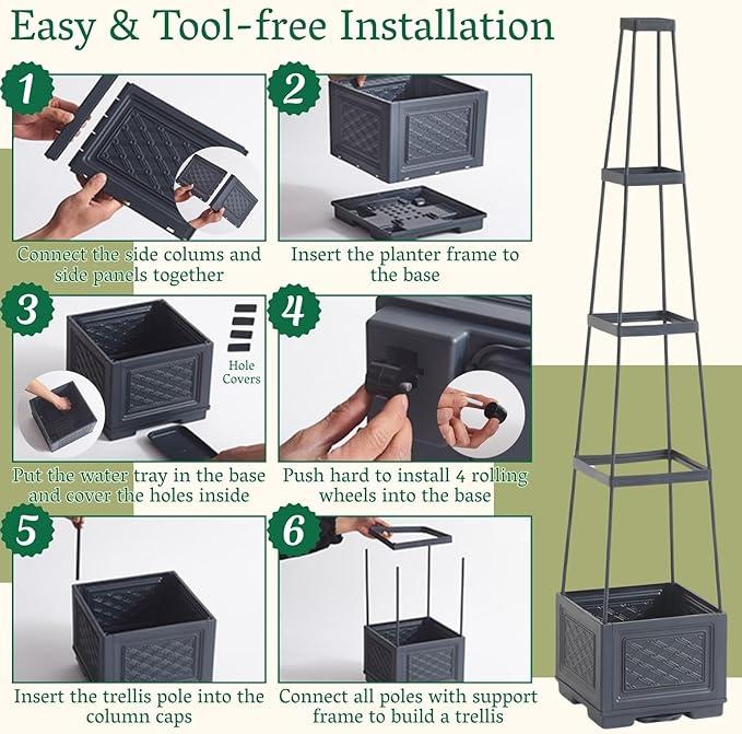 Rolling Tomato Planter with Trellis | Self-Watering Raised Garden Bed Tomato Pots for Growing Tomatoes | Planter Box with Trellis with Wheels for Climbing Plants Greenhouse Indoor Outdoor