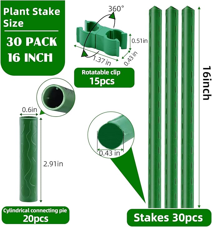 Fabulas Garden Stakes 16 Inch 30 Pack, Diy 4ft 5ft 6ft 7ft 8ft Tomato Stakes Plastic Coated Metal Plant Sticks Stakes Supports with 20 Connectors 15 Rotatable Clips for Indoor Outdoor Plants Vegetable