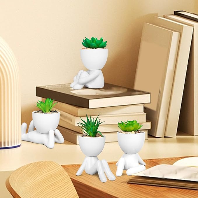 Pack of 4 White Mini Artificial Succulents, Ceramic Humanoid Greenery, Artificial Fake Plants, Bathroom Plants for Bathroom Decoration, Indoor Office, Christmas Decorations
