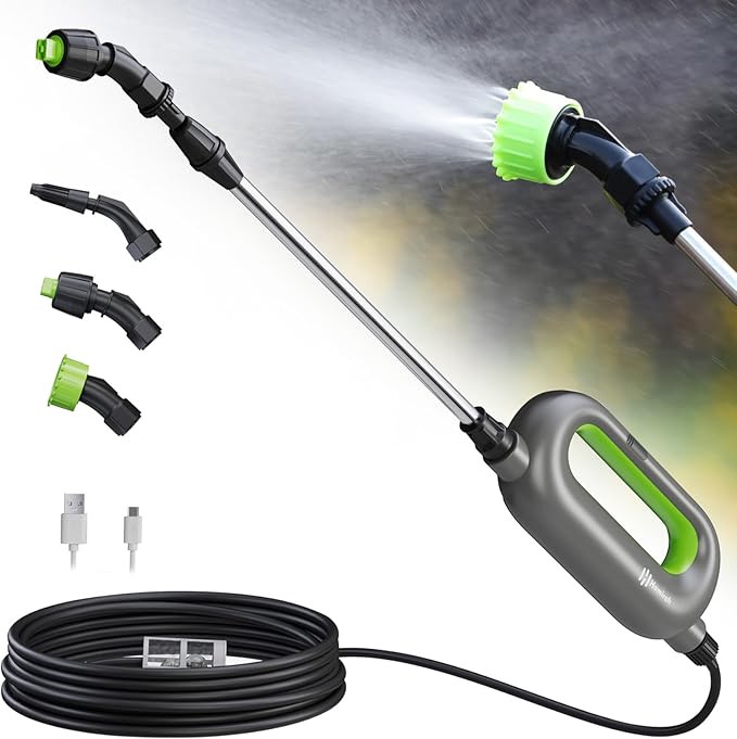 Battery Powered Sprayer Wand, Garden Electric Sprayer 24.5" Telescopic Wand with 20 FT Hose, 7.2V Voltage 3 Adjustable Nozzles, Portable USB-C Rechargeable Water Spray for Lawn and Outdoor