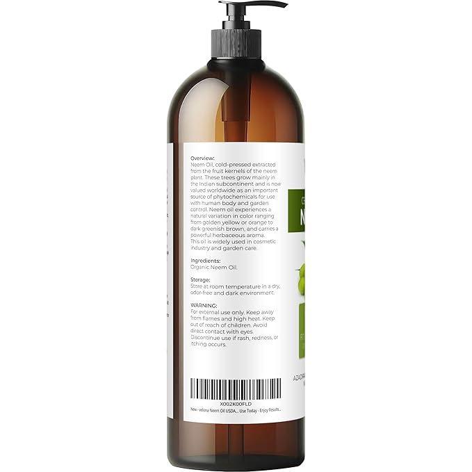velona Neem Oil USDA Certified Organic - 32 Fl Oz | 100% Pure and Natural Carrier Oil | Virgin, Unrefined, Cold Pressed | Hair, Body and Skin Care | Use Today - Enjoy Results