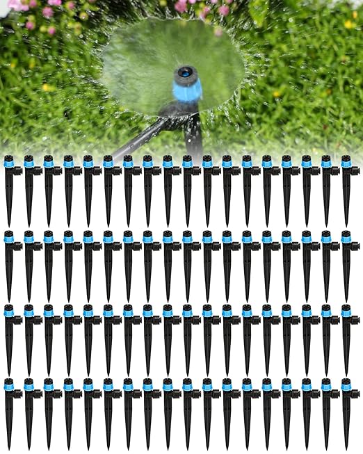 72Pack Drip Irrigation Parts, Quick Connect 1/4" Adjustable 360° Emitter Sprinklers with 6" Stake, Easy-Clean for Garden & Farm Irrigation Systems