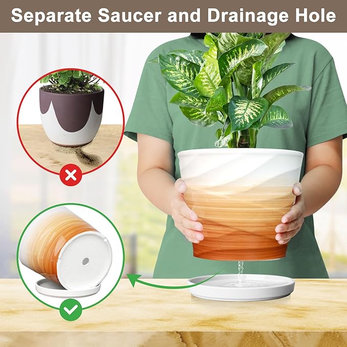 8 Inch Plant Pot, Ceramic Planter with Drainage and Saucer,Ceramic Planters for Indoor Plants, 8 Inch Garden pots(Khaki + White)
