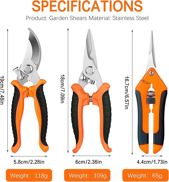 3PCS Garden Pruning Shears Set - Heavy Duty Bypass Pruners, Sharp Stainless Steel Gardening Scissors with Ergonomic Handle, Secateurs for Plants, Flowers, Fruit Trees, Bush Trimming (Orange)