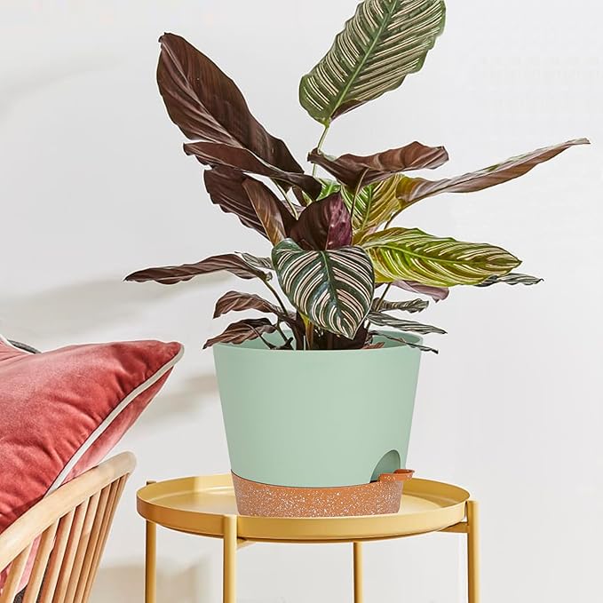 SwinDuck 12inch Large Self Watering Plant Pot, Plastic Cylinder Planter with 60Oz Deep Reservoir and Saucer for Indoor Outdoor Plants Flowers Houseplants, Green with Brown