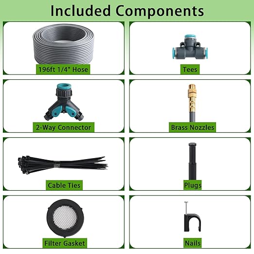 196FT 1/4" Quick-Connect Drip Irrigation System Kit, Automatic Garden Watering System with 32 Pcs Adjustable Spray Nozzles for Garden, Greenhouse, Yard, Lawn
